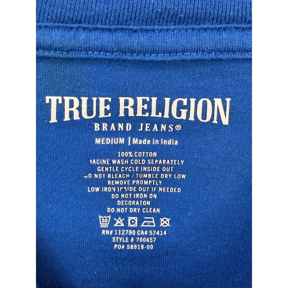 True Religion Buddha Logo Graphic T-Shirt Mens M Blue Crewneck Short Sleeve Tee